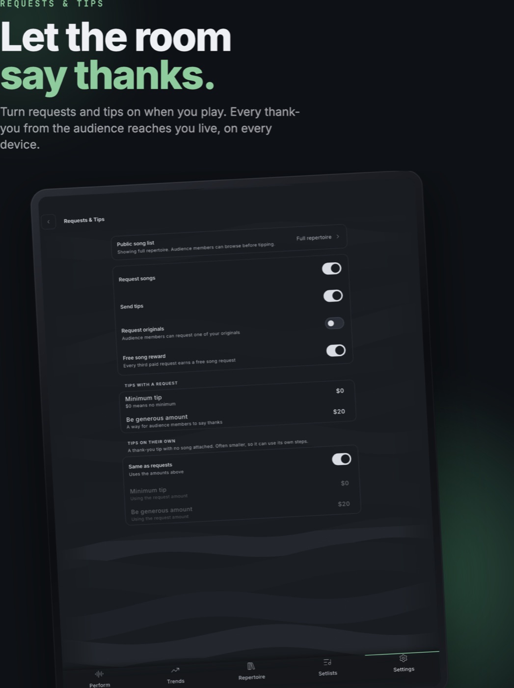 The performer's iPad: requests and tips settings